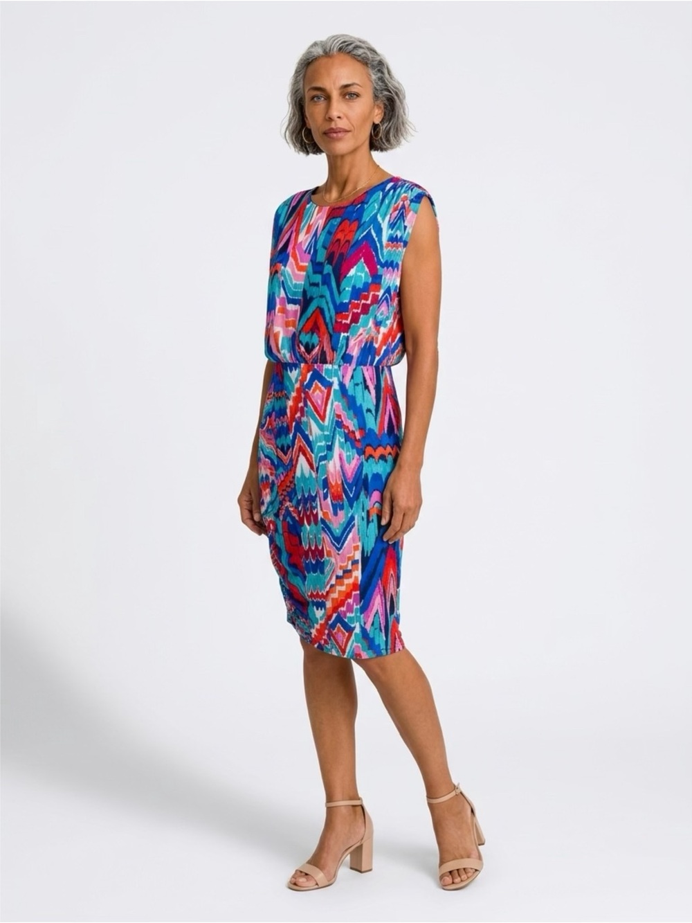 Try M Womens Midi Dress Blue Red white Geometric Print Size MED